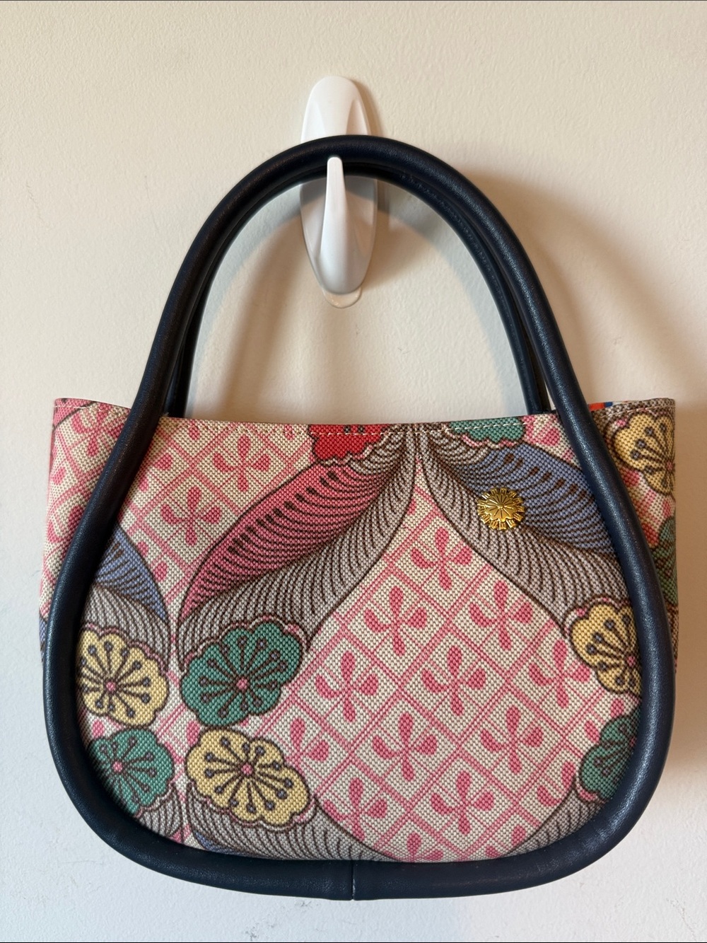 Printed Canvas Crossbody Bag with Black Leather Trim